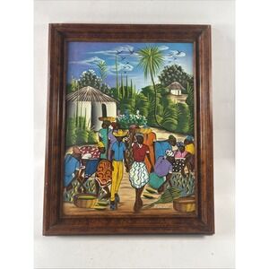 Vintage Haitian Folk Art Painting Signed Romuald Caribbean Market Hand Painted